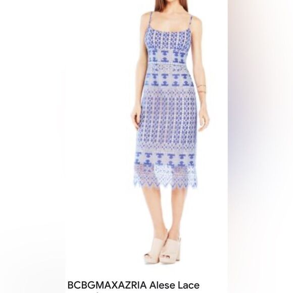 BCBGMaxAzria Blue Cream Spaghetti Strap Midi Silky Lace Weddings Evening - Picture 8 of 17